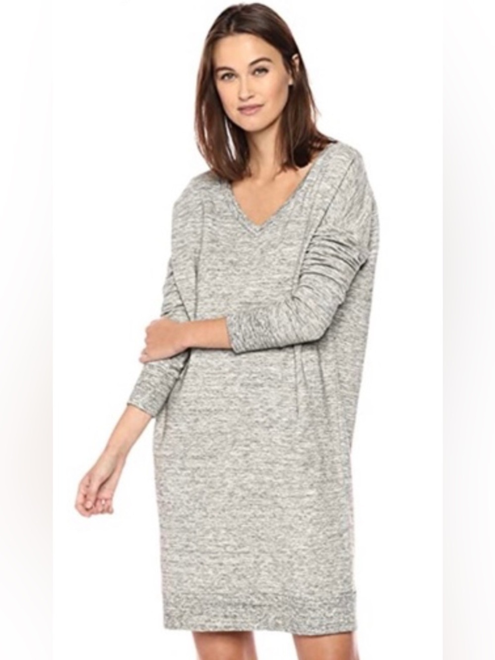Daily Practice V Neck 3/4 Quarter Sleeve Sweater Dress in Heather Grey - Size S
